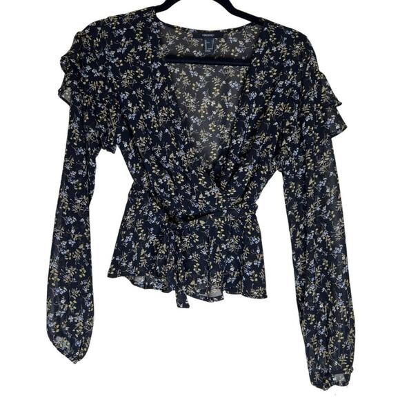 Forever 21 Cropped Top Women Small Black Tie Waist Ruffle Shoulder Surplice Neck - Picture 1 of 6